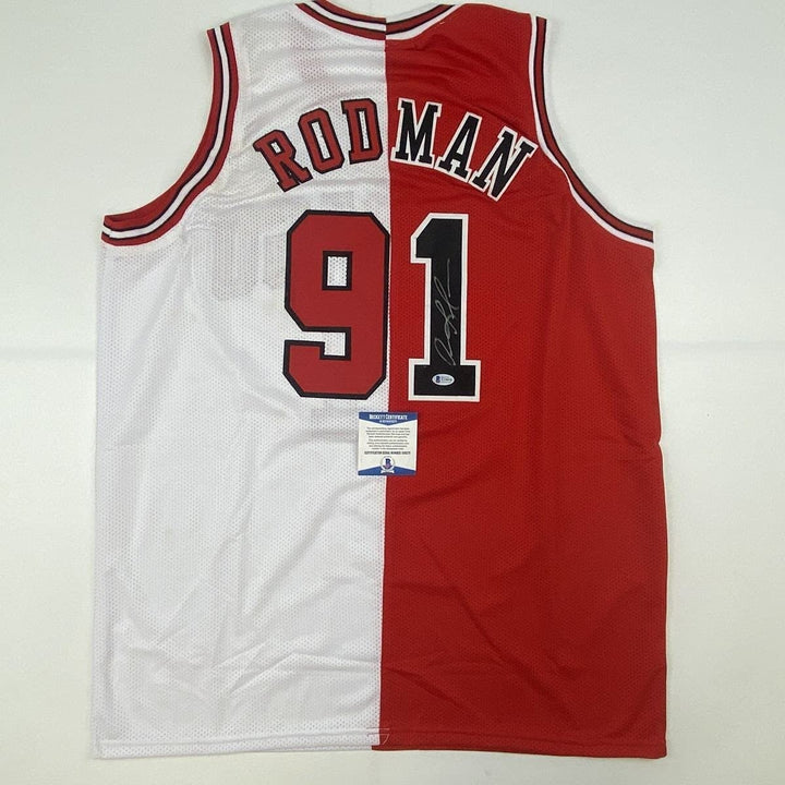 Autographed/Signed Dennis Rodman Chicago Split Jersey Beckett BAS COA