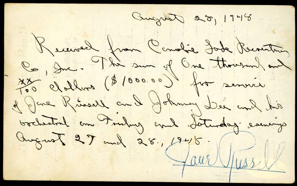 Jane Russell JSA Coa Signed 1948 Concert Payment Receipt Autograph