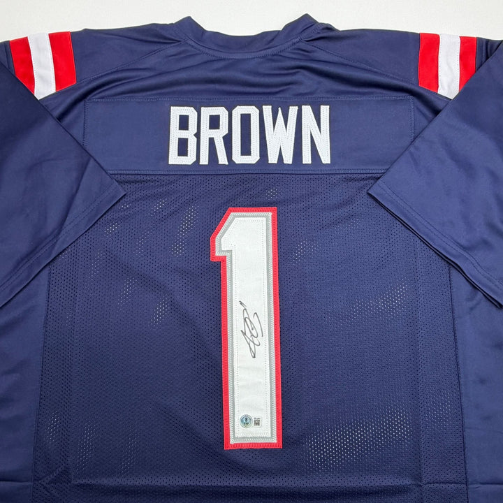 Autographed/Signed AJ Brown New England Blue Jersey Beckett COA