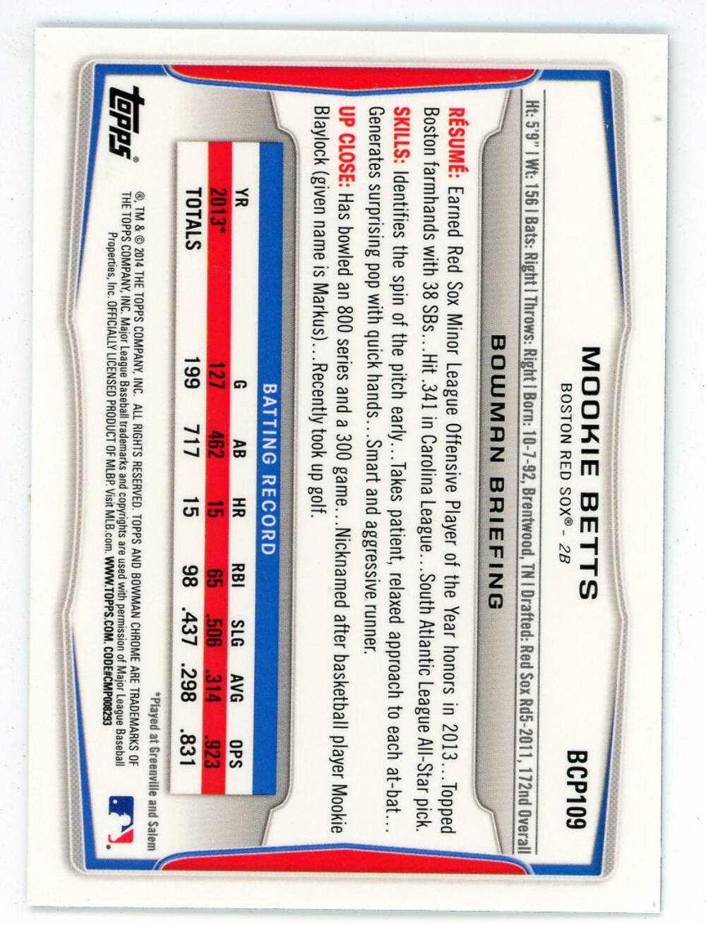 Mookie Betts 2014 Bowman Chrome Card #BCP109