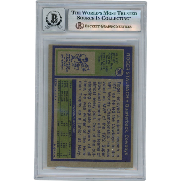 Roger Staubach Autographed 1972 Topps #200 HOF Slab Trading Card Beckett 50071