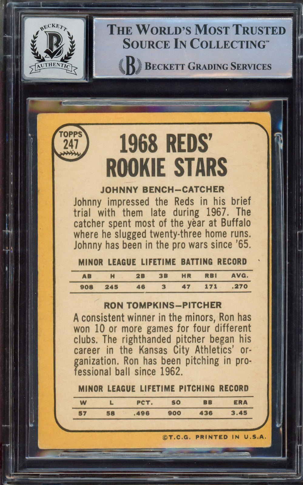 Johnny Bench Signed 1968 Topps RC 247A Cincinnati Reds Sig 10 Beckett