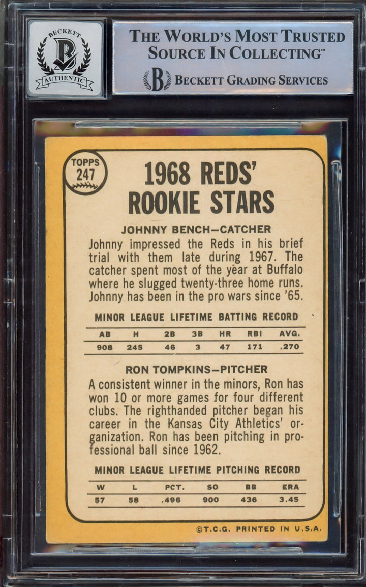 Johnny Bench Signed 1968 Topps RC 247A Cincinnati Reds Sig 10 Beckett