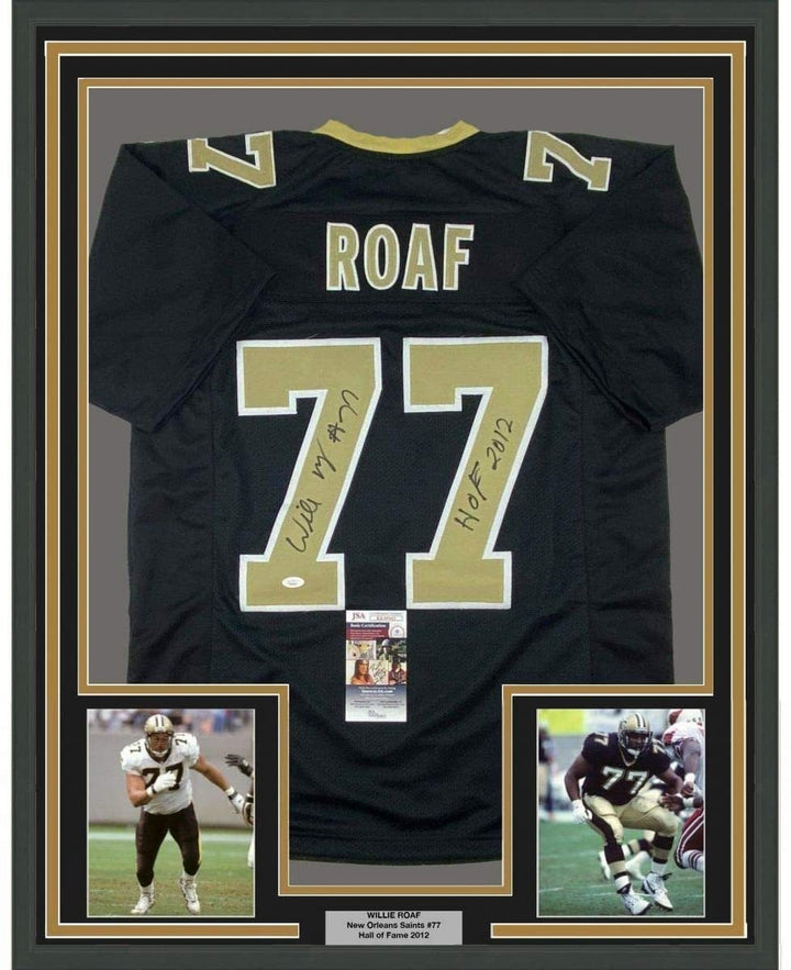 Framed Signed Willie Roaf 35x39 New Orleans Black Jersey JSA COA