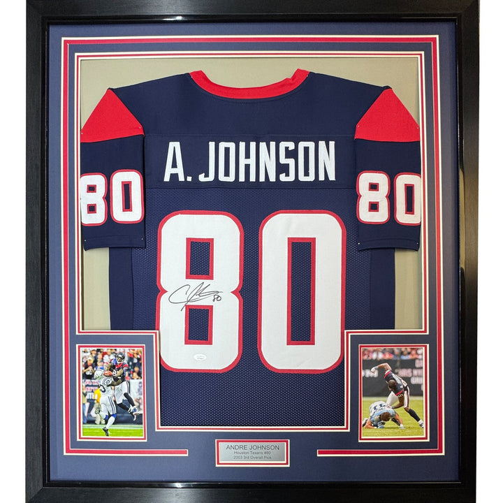 FRAMED Signed ANDRE JOHNSON 35x39 Houston Blue Jersey JSA COA Auto