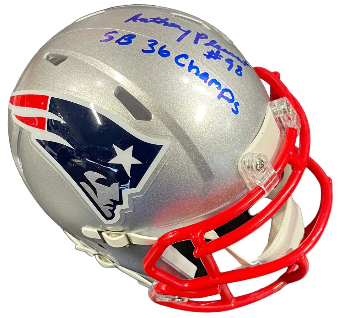 Anthony Pleasant "SB 36 Champs" Autographed New England Patriots Mini Helmet (JS