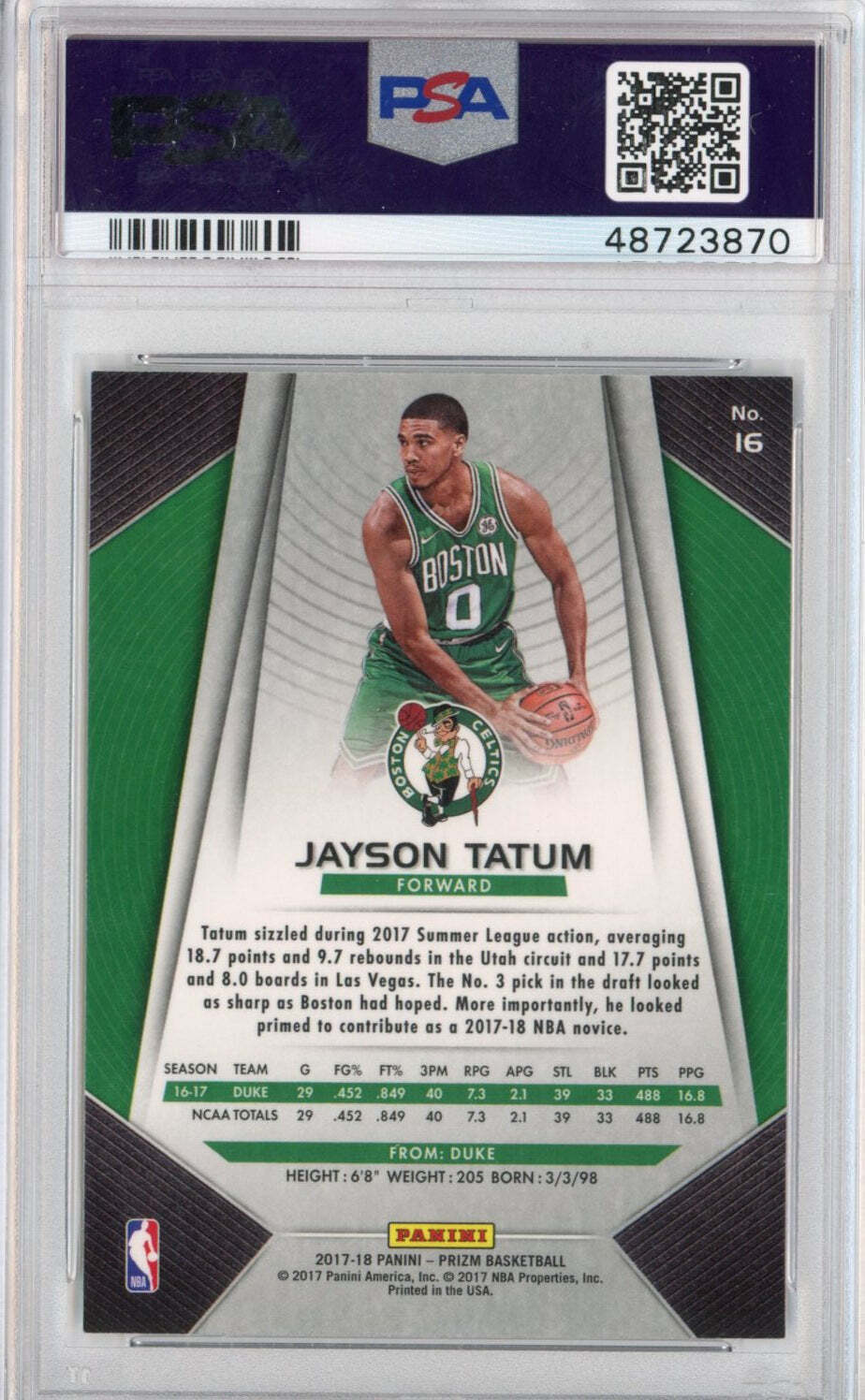 Graded 2017-18 Panini Prizm JAYSON TATUM #16 Rookie RC Basketball Card PSA 10