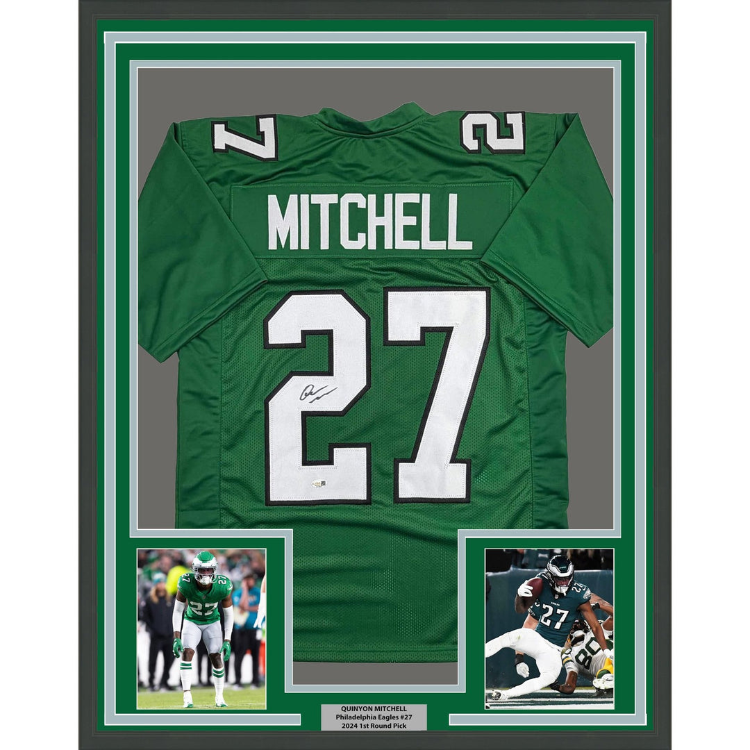 Framed Autographed/Signed Quinyon Mitchell 35x39 Kelly Green Jersey JSA COA