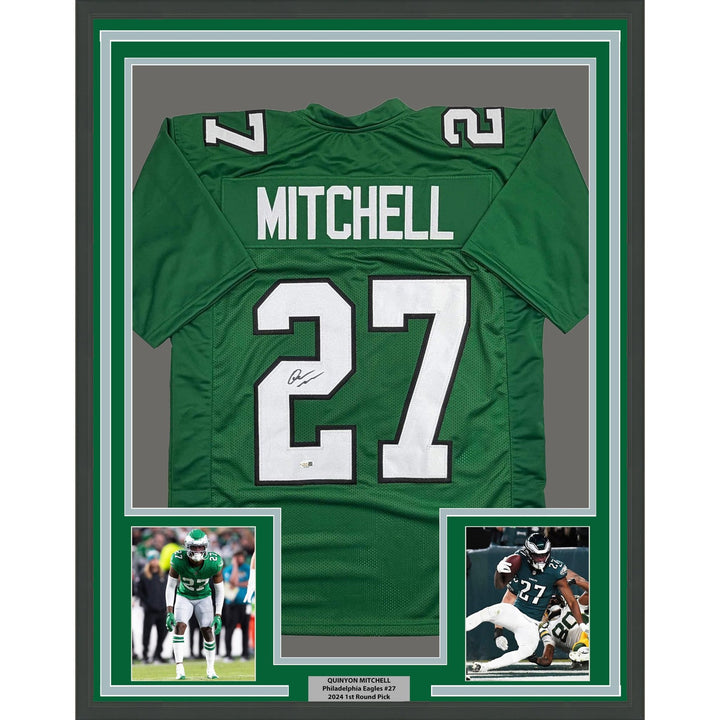 Framed Autographed/Signed Quinyon Mitchell 35x39 Kelly Green Jersey JSA COA