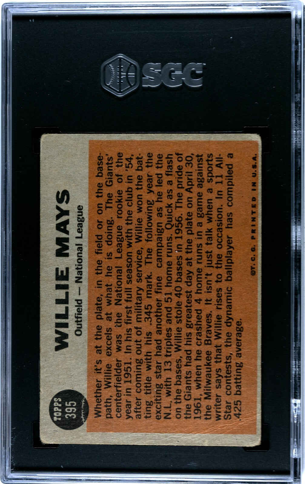 Willie Mays 1962 Topps All-Star Baseball Card #395- SGC Graded 2 Good