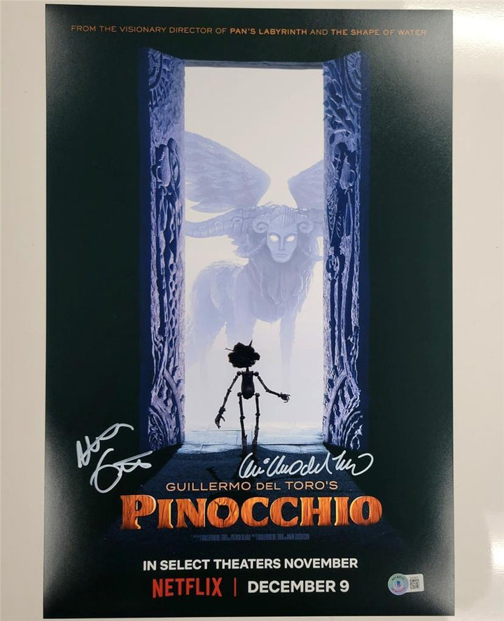 Guillermo Del Toro & Mark Gustafson signed Pinocchio 12x18 photo autograph BAS