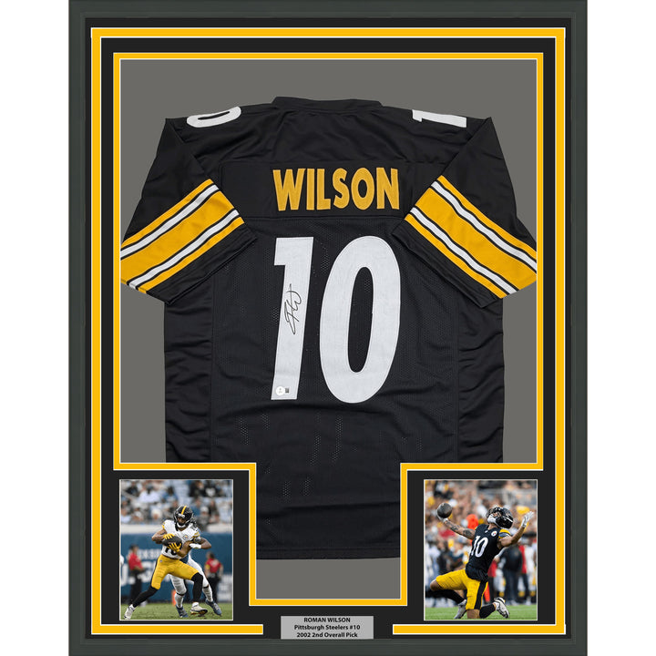 Framed Autographed Roman Wilson 35x39 Pittsburgh Black Football Jersey BAS COA