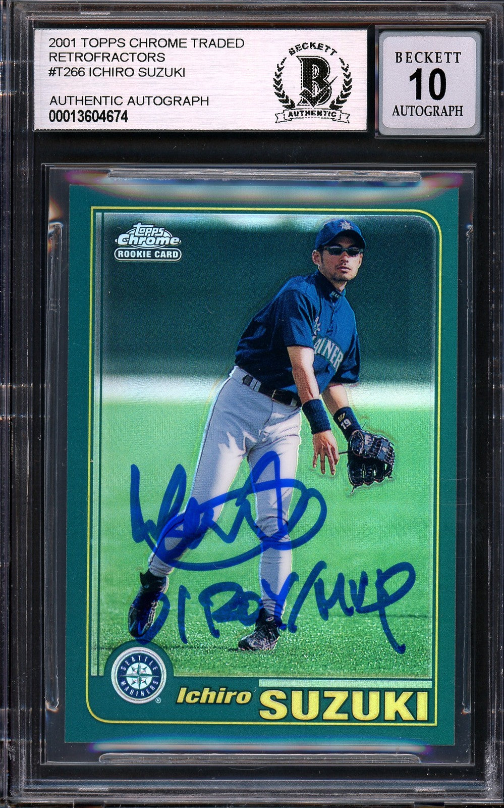 Ichiro Suzuki Auto 2001 Topps Chrome Retrofractor RC T266 Sig 10 ROY/MVP Beckett