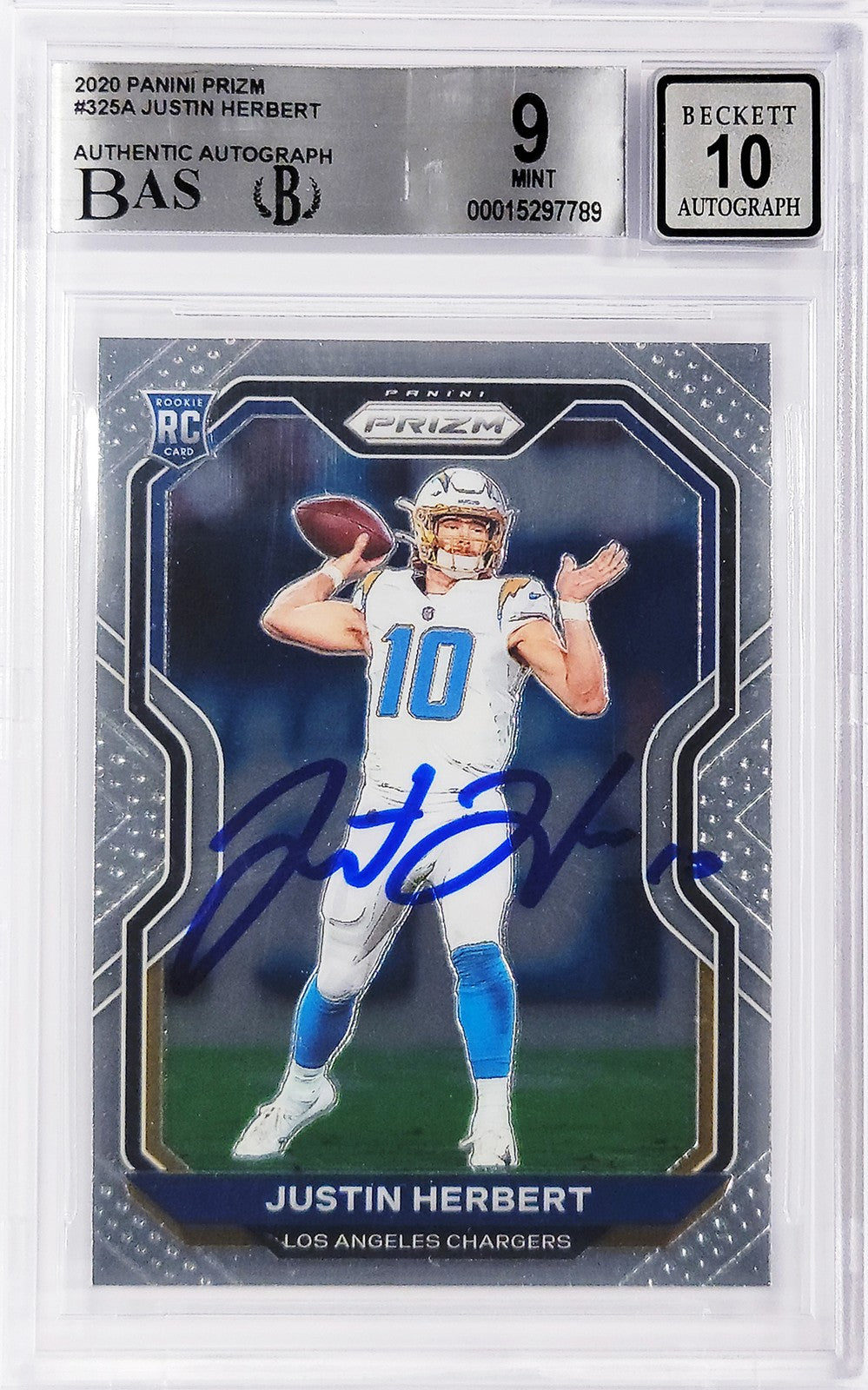 Justin Herbert Signed 2020 Panini Prizm RC 325 Chargers BGS 9 Auto GM 10 Beckett