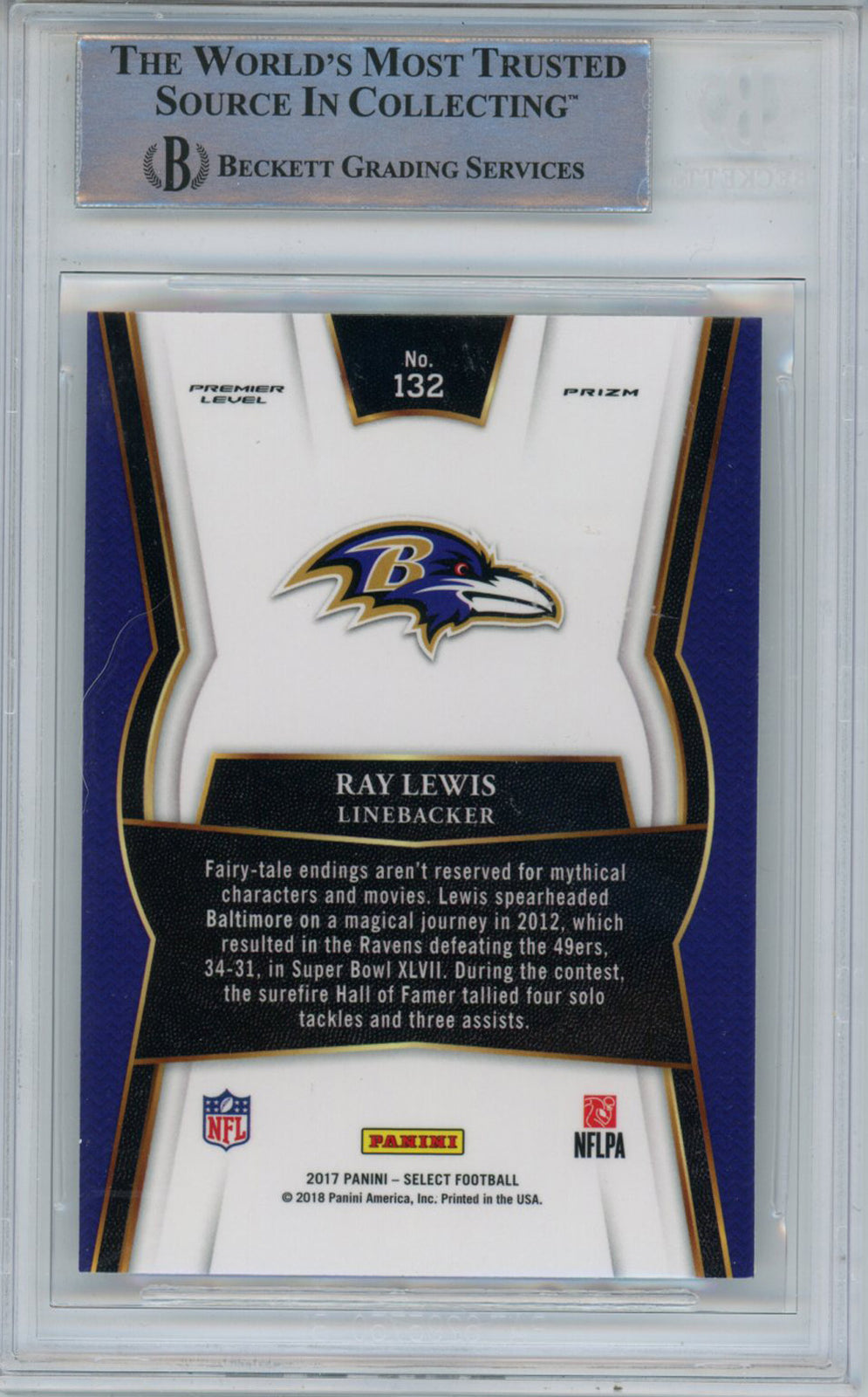 Ray Lewis Autographed 2017 Panini Select #132 Trading Card Beckett Slab 39291
