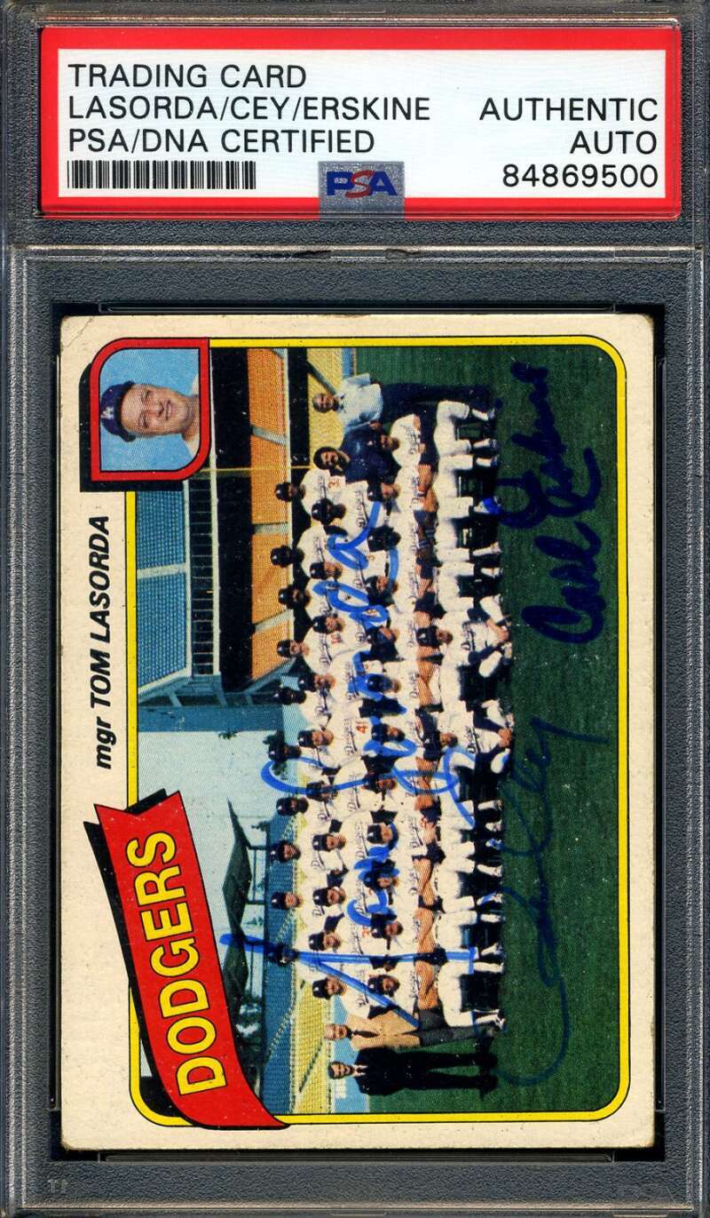 Lasorda Cey Erskine PSA DNA Signed 1980 Topps Team Autograph