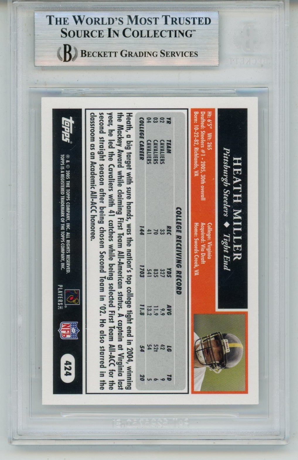 Heath Miller Autographed 2005 Topps #424 Trading Card Slab Beckett 57107