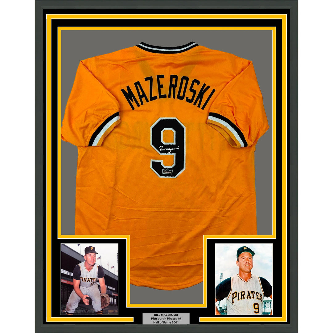 Framed Facsimile Autographed Bill Mazeroski 33x42 Yellow Reprint Auto Jersey