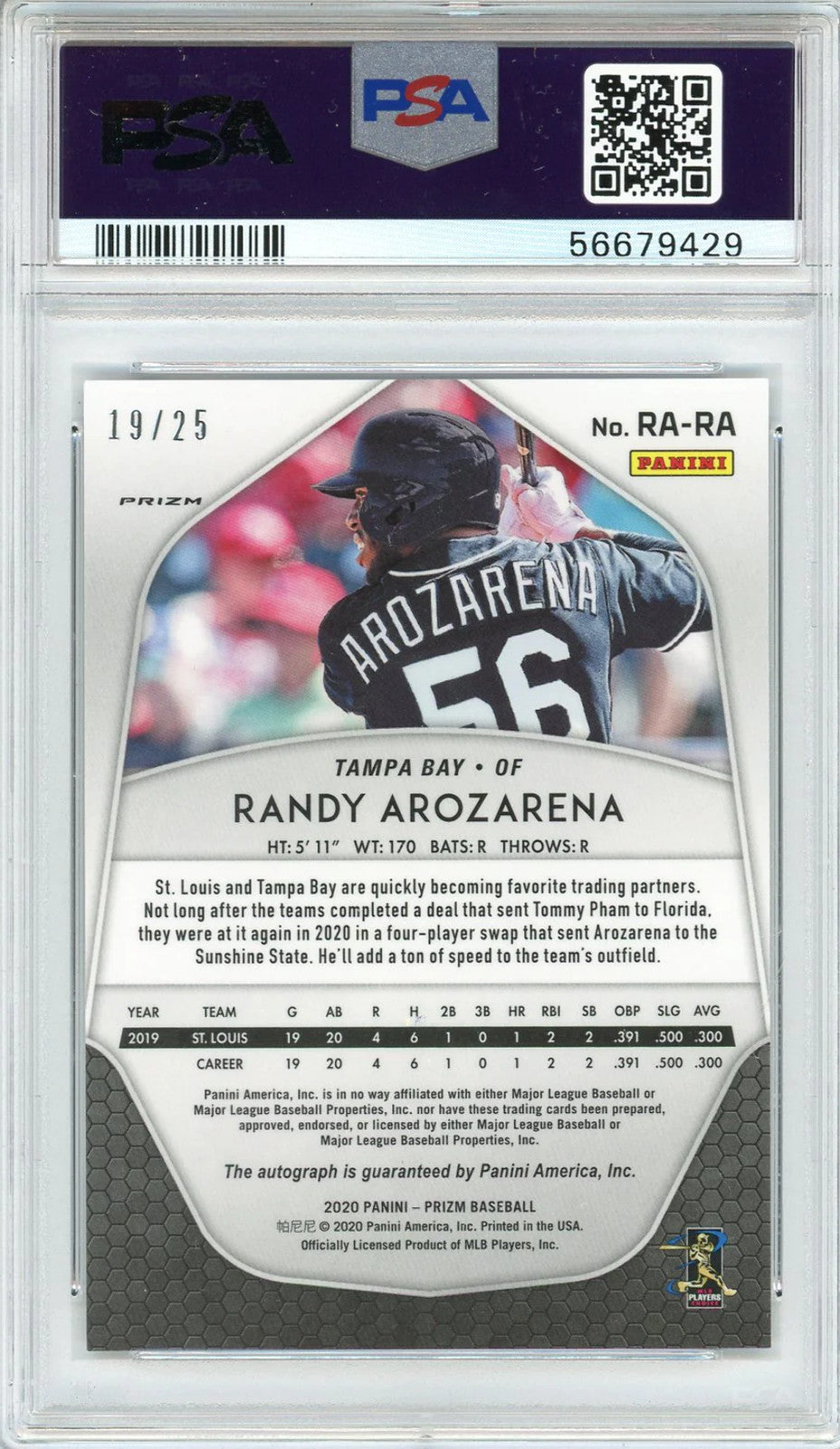 Randy Arozarena Autographed 2020 Panini Prizm Burgundy Cracked Ice Rookie Card #