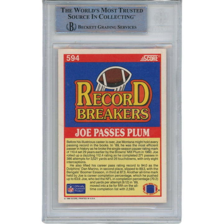 Joe Montana Autographed/Signed 1990 Score 594 Trading Card Beckett 47129