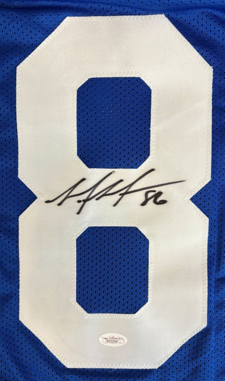 Mario Manningham New York Signed Blue Football Jersey JSA Hologram