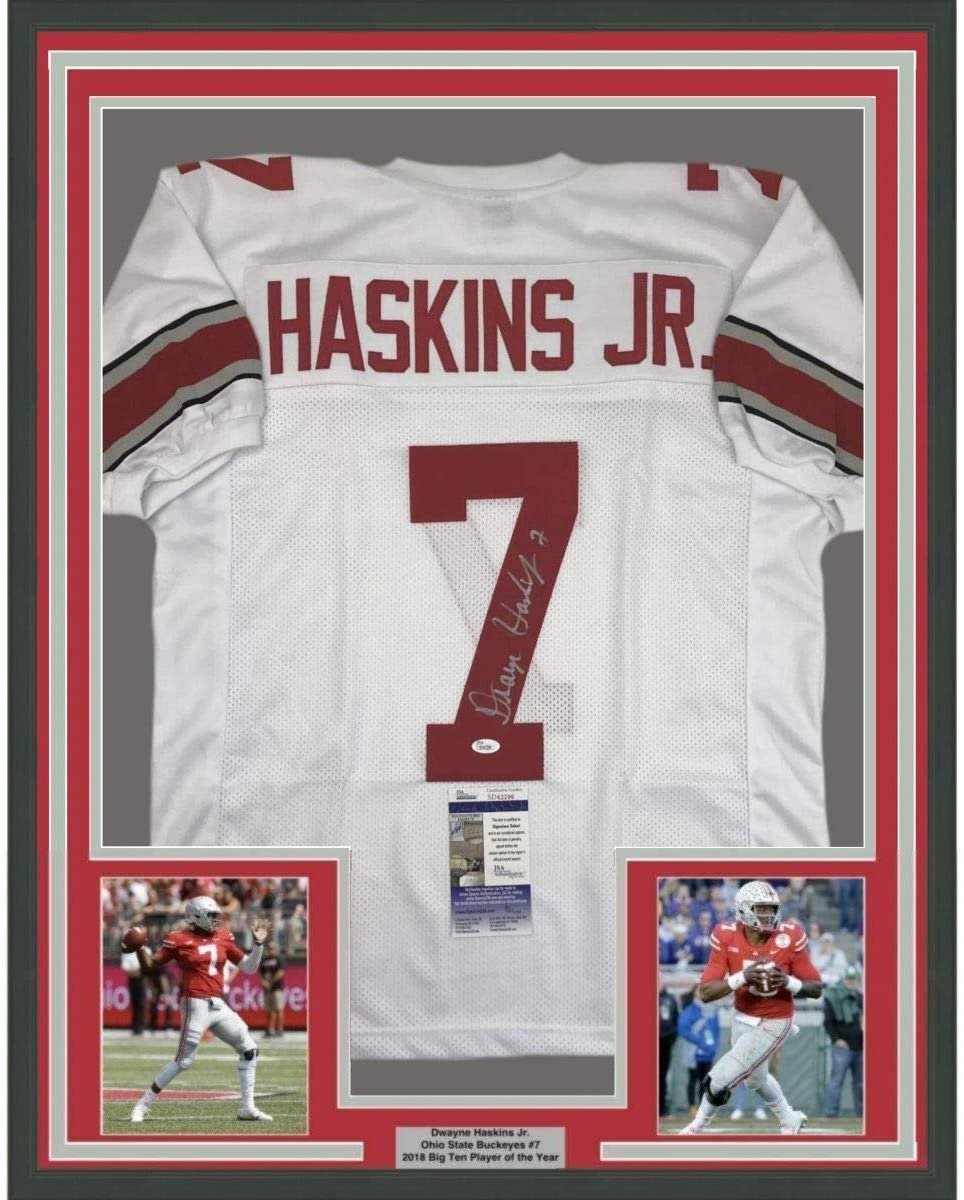 Framed Signed Dwayne Haskins Jr. 35x39 Ohio State White Jersey JSA COA