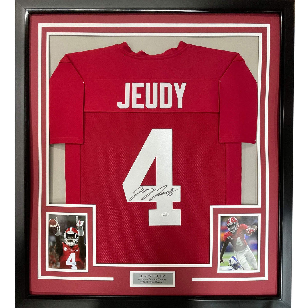 FRAMED Autographed/Signed JERRY JEUDY 33x42 Alabama Red College Jersey JSA COA