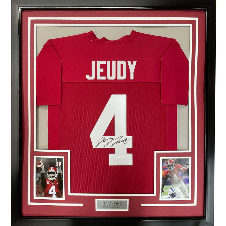 FRAMED Autographed/Signed JERRY JEUDY 33x42 Alabama Red College Jersey JSA COA