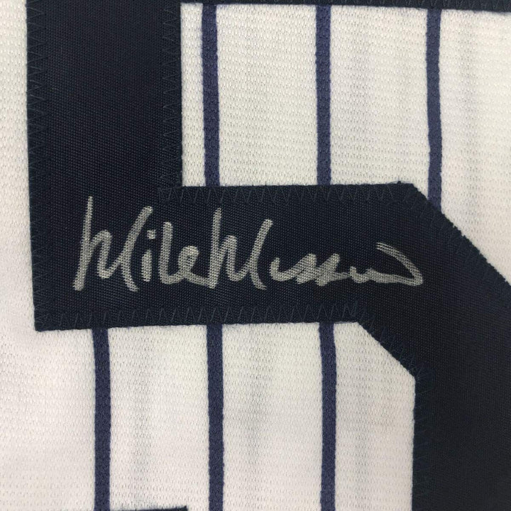 FRAMED Autographed/Signed MIKE MUSSINA 33x42 New York Pinstripe Jersey JSA COA