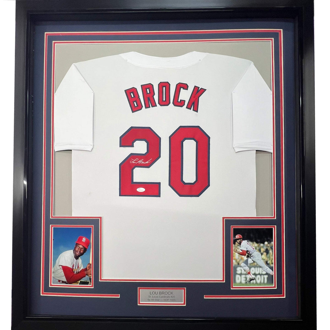 Framed Autographed/Signed Lou Brock 33x42 St Louis White Baseball Jersey JSA COA