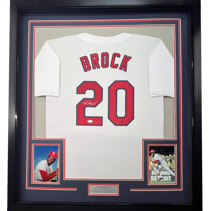 Framed Autographed/Signed Lou Brock 33x42 St Louis White Baseball Jersey JSA COA