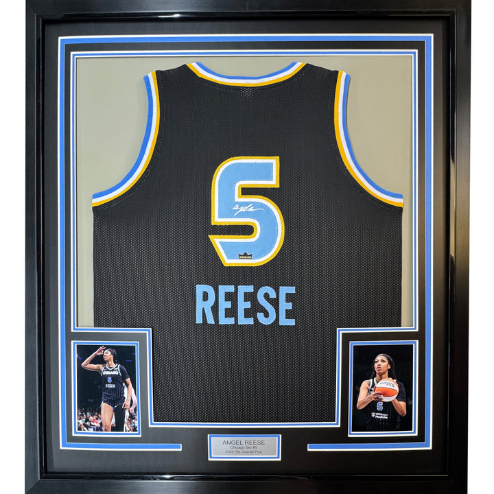 Framed Facsimile Autographed Angel Reese 35x39 Chicago Black Reprint Jersey
