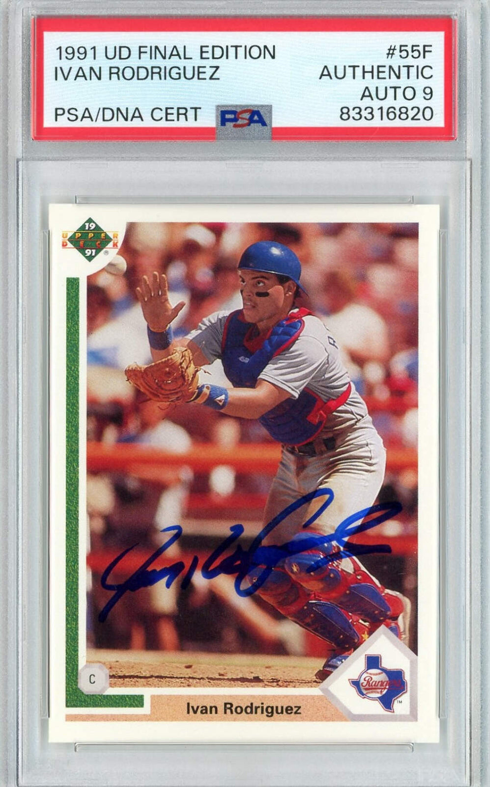Graded 1991 Upper Deck UD Ivan Pudge Rodriguez #55F Rookie RC Card PSA 9 Auto