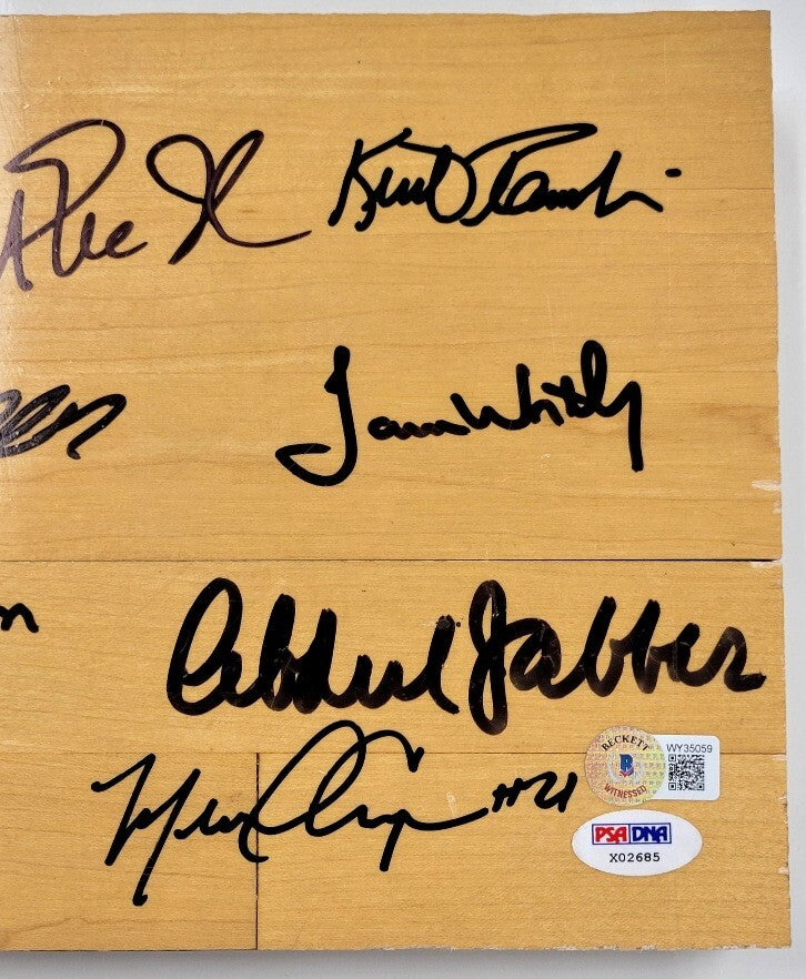 Showtime Lakers team signed Game-Used Floor Magic Jabbar Worthy + 5 PSA BAS COA