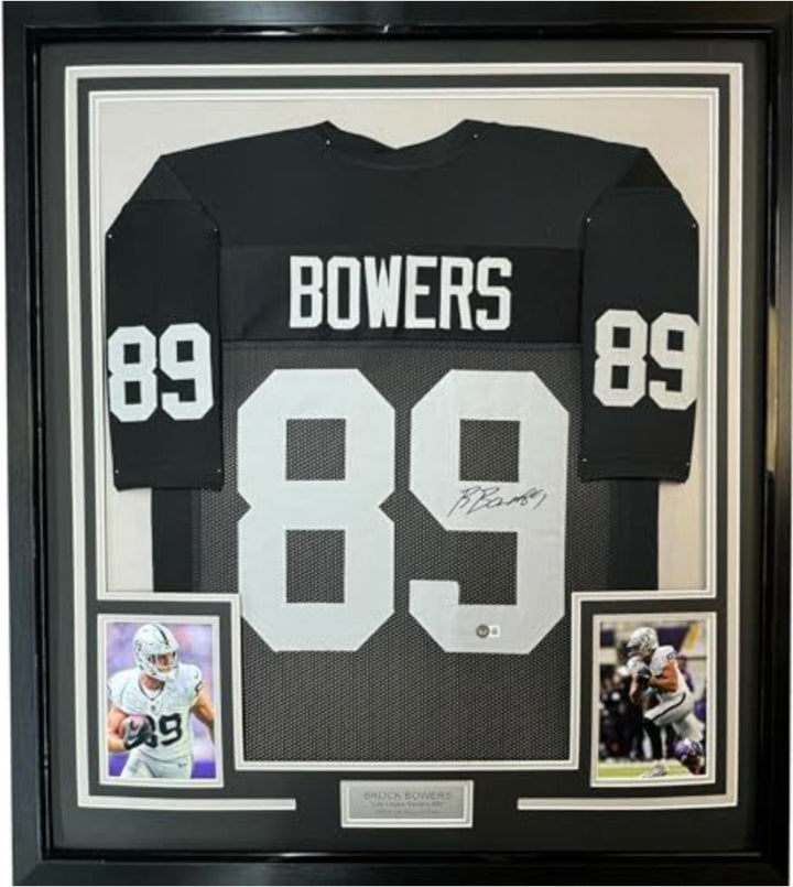 Framed Autographed/Signed Brock Bowers 35x39 Las Vegas Black Jersey Beckett COA