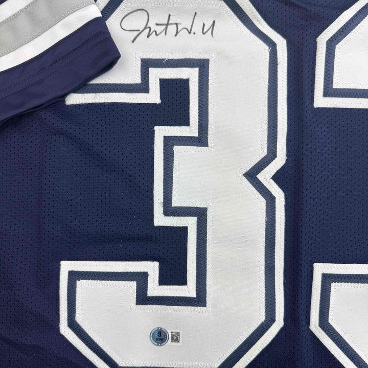 Autographed/Signed Javonte Williams Dallas Blue Football Jersey Beckett BAS COA