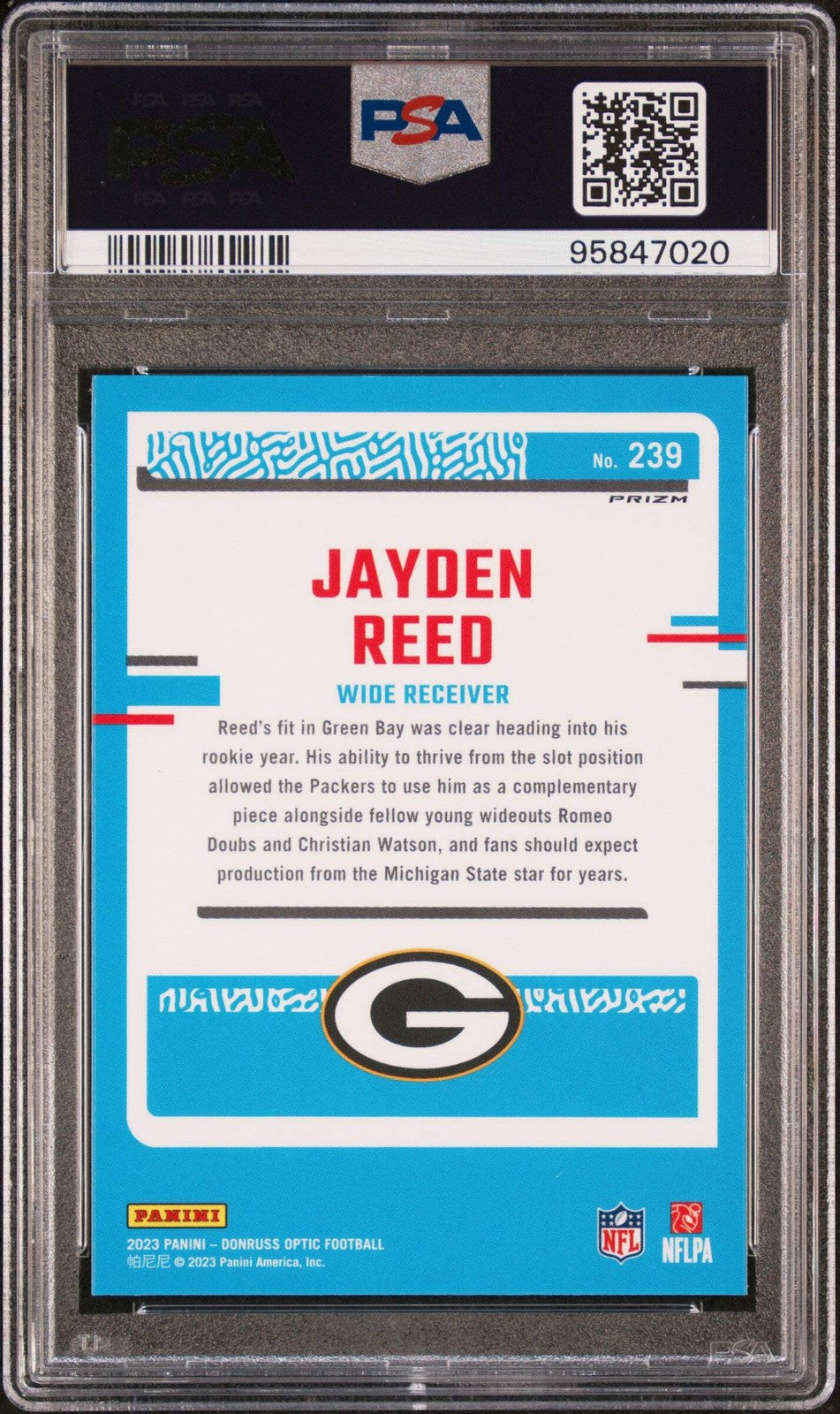 Graded 2023 Panini Donruss Optic Jayden Reed #239 Green Hyper Rookie Card PSA 10