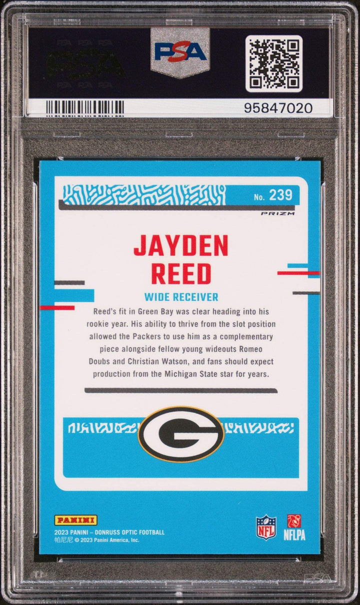 Graded 2023 Panini Donruss Optic Jayden Reed #239 Green Hyper Rookie Card PSA 10