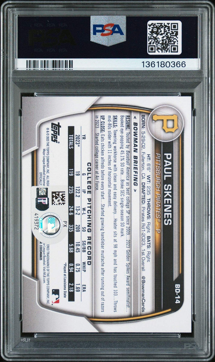 Graded 2023 Topps Bowman Draft Paul Skenes #BD14 Rookie Card PSA Authentic Auto