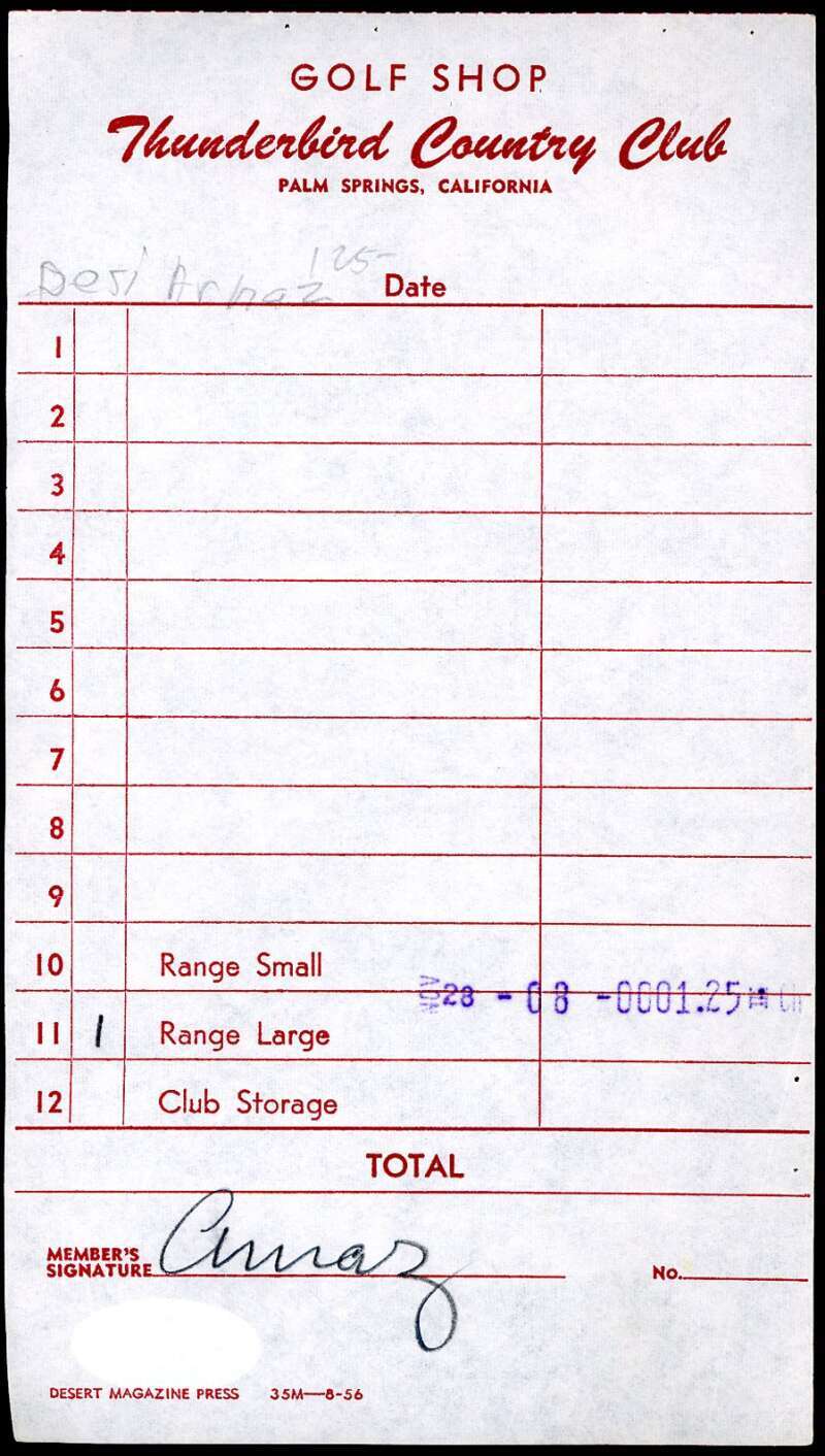 Desi Arnaz JSA Coa Signed Country Club Receipt Autograph