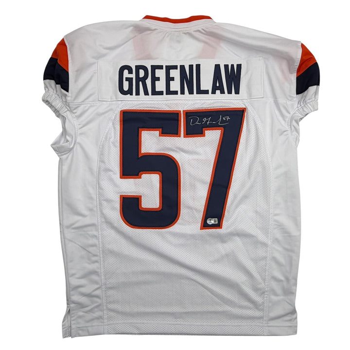 Autographed/Signed Dre Greenlaw Denver White Pro Cut Football Jersey Beckett COA