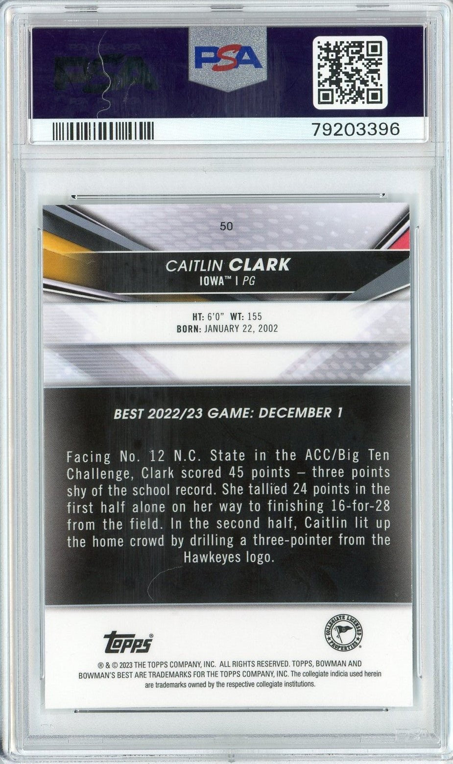 Graded 2022 Bowman University Best Caitlin Clark #50 RC Card PSA 10