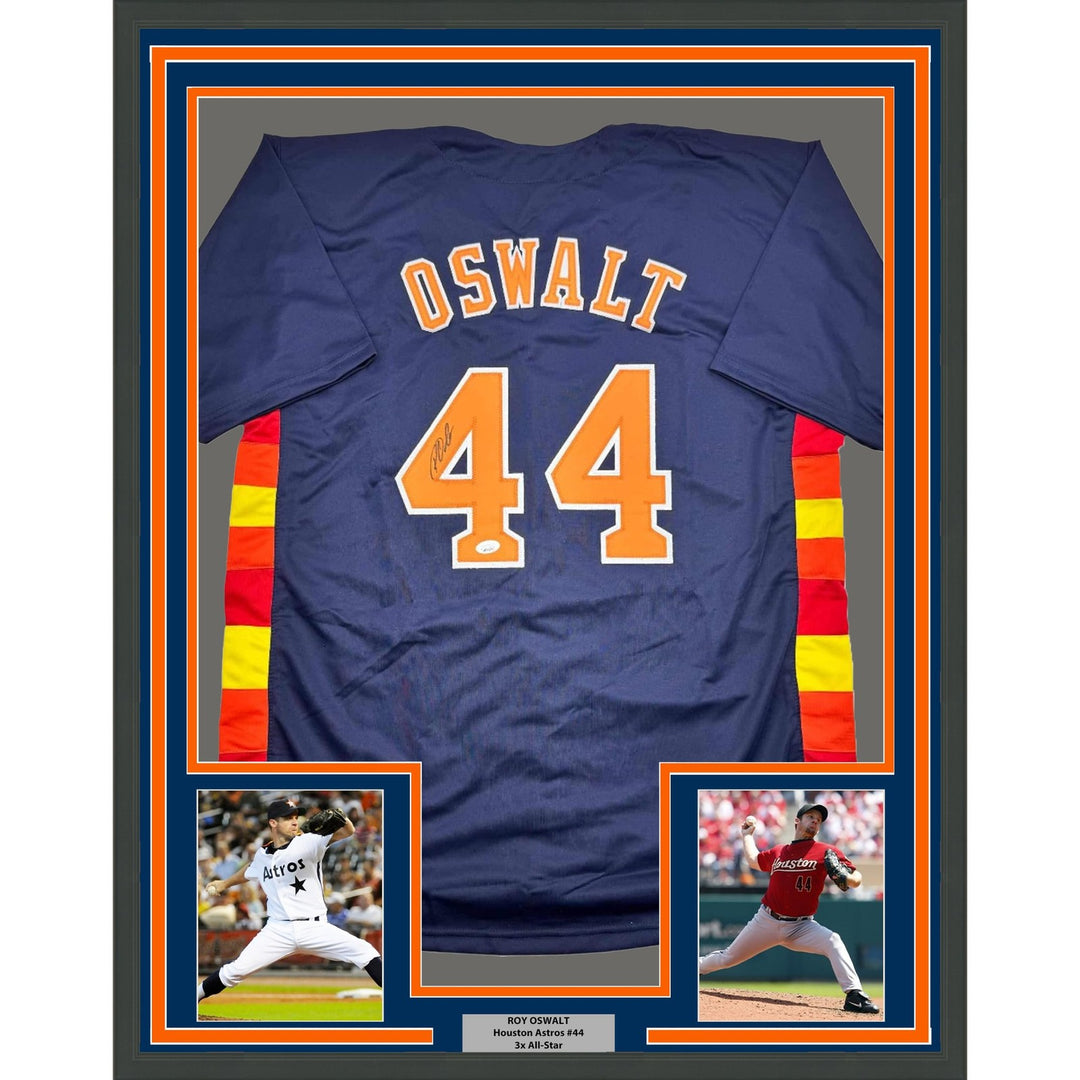 Framed Autographed/Signed Roy Oswalt 35x39 Houston Blue Jersey JSA COA