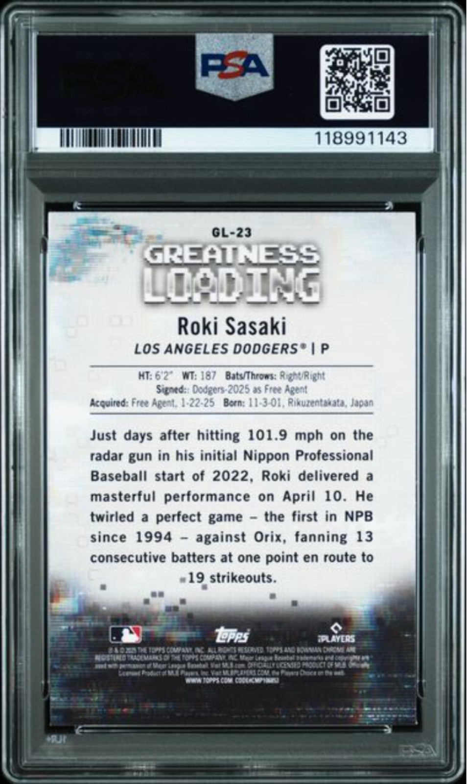 Graded 2025 Topps Bowman Roki Sasaki #GL23 Greatness Loading Rookie Card PSA 10