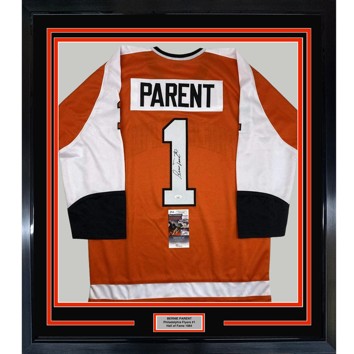 FRAMED Autographed/Signed BERNIE PARENT 33x42 Philadelphia Orange Jersey JSA COA