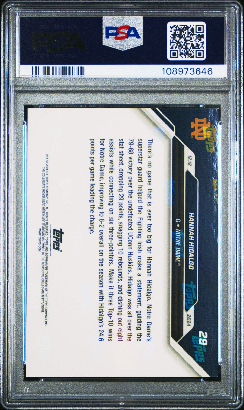 Graded 2024 Bowman U Now Hannah Hidalgo #29 Purple /25 RC Basketball Card PSA 10