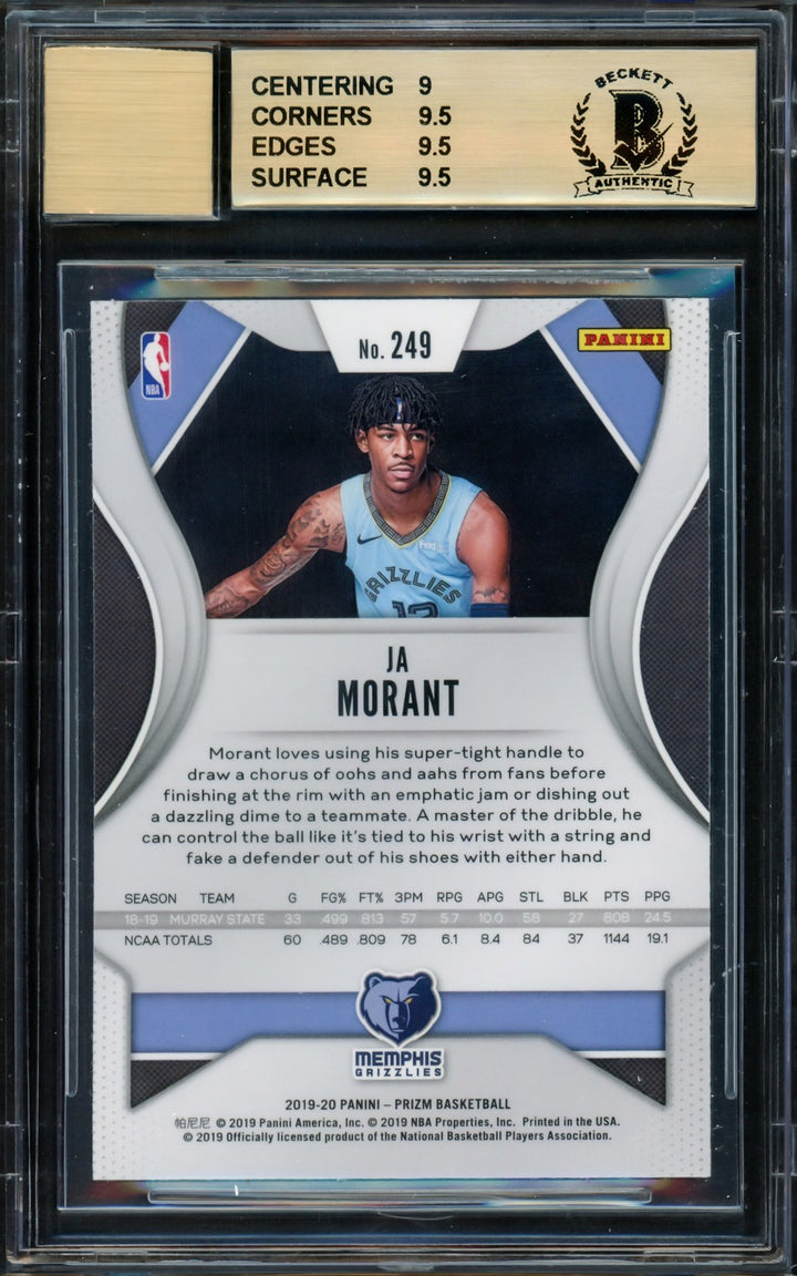 Ja Morant Auto 2019-20 Panini Prizm RC 249 Grizzlies BGS 9.5 Auto Mint 9 Beckett