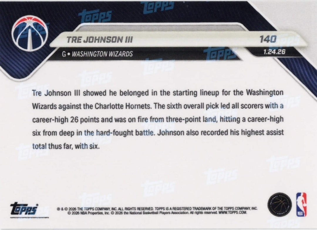 2025 Topps Now Tre Johnson #140 Gold Foil /50 Rookie RC Basketball Card