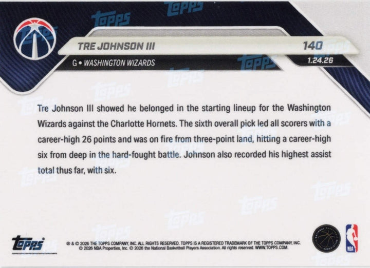 2025 Topps Now Tre Johnson #140 Gold Foil /50 Rookie RC Basketball Card