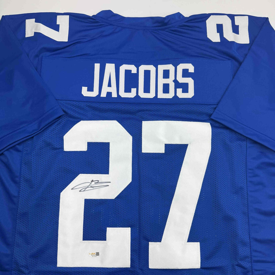 Autographed/Signed Brandon Jacobs New York Blue Football Jersey Beckett BAS COA